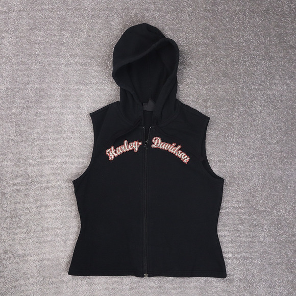 Womens Harley Davidson Medium Black Sleeveless Full Zip Hooded Vest - Picture 1 of 9